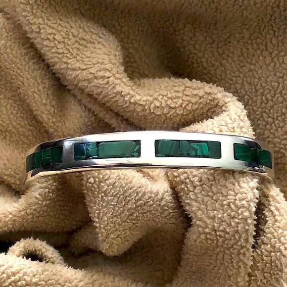 TAXCO Sterling Silver & Malachite Cuff Bangle Bracelet - Picture 10 of 10